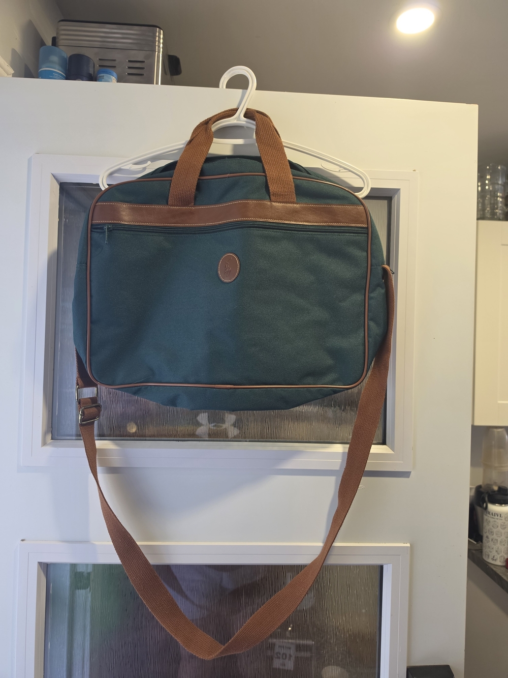 Unisex Dark Green Canvas Shoulder Bag with Brown Trim - Ralph Lauren